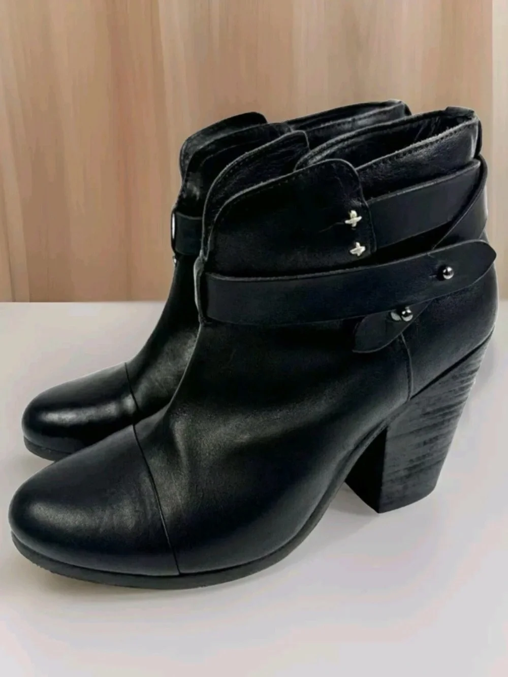 Rag & Bone Size Harrow Ankle Booties Black Strap,Block Heel Size 38.5